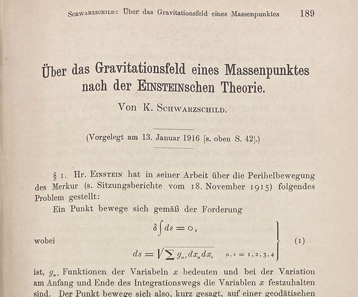 First paragraph, “On the gravitational field of a point mass according to Einstein’s theory,” by Karl Schwarzschild, Sitzungsberichte der Königlich-Preussischen Akademie der Wissenschaften, page 189, 1916 (Linda Hall Library)