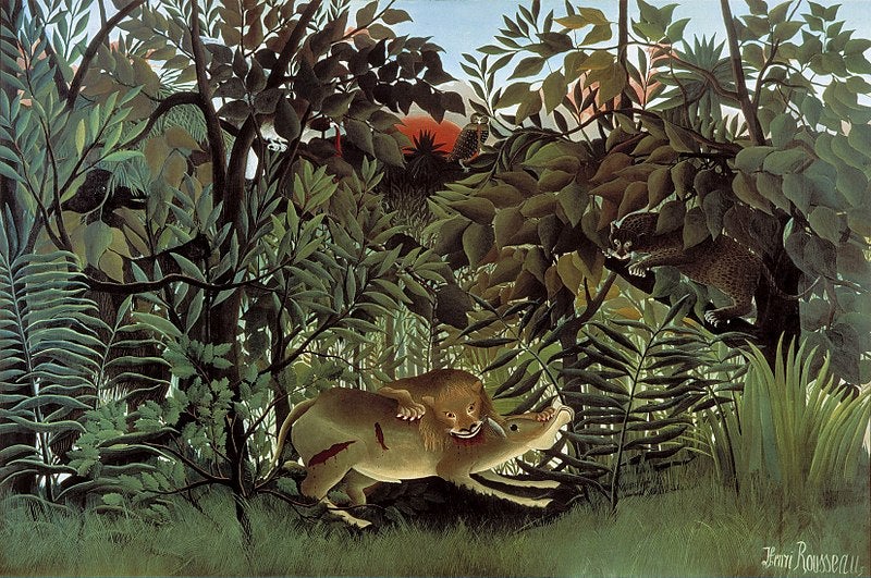 The Hungry Lion Attacking an Antelope, oil on canvas, by Henri Rousseau, 1905, Beyeler Foundatiob, Basel (Wikimedia commons)