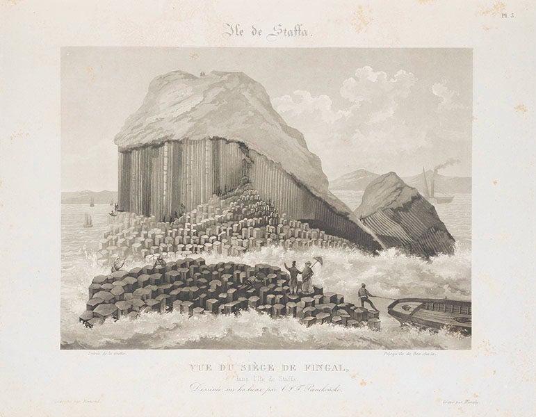 Boat landing near Fingal’s Cave, Staffa, aquatint, from Panckoucke, <i>L'Ile de Staffa</i>, 1831 (Linda Hall Library)