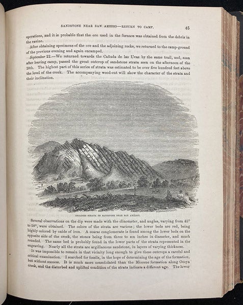 Inclined strata of limestone near San Amédio, wood engraving in Report of Explorations in California for Railroad Routes, by Robert S. Williamson (Pacific Railroad Reports, vol. 5), p. 45, 1855 (Linda Hall Library)