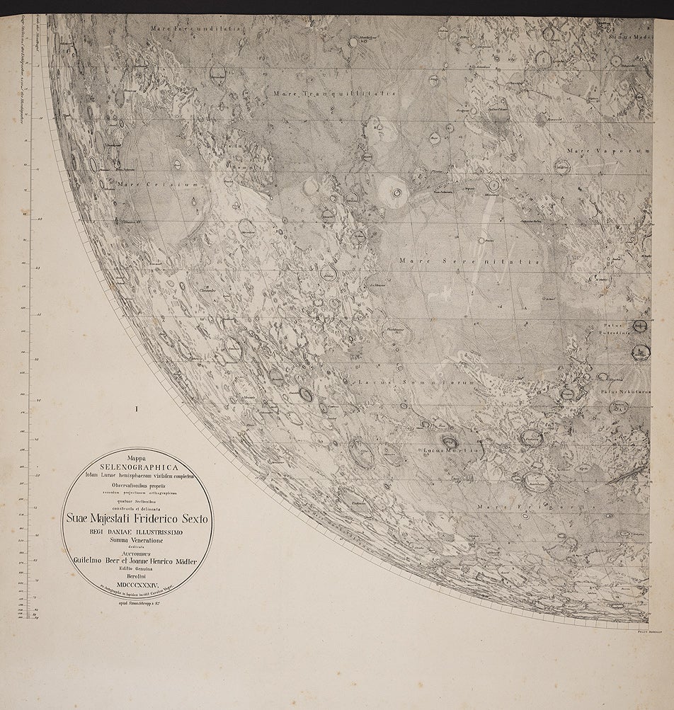The Beer and Mädler map is crammed with detail that is almost impossible to appreciate with the naked eye; under magnification, an incredible richness is revealed. The illustration shows a mere corner of the northeast quadrant, with Aristotle at the left and the Alpine Valley at the right.