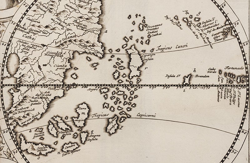 Detail of right hemisphere of Behaim globe in Doppelmayr, Nachricht, 1730 (Linda Hall Library)