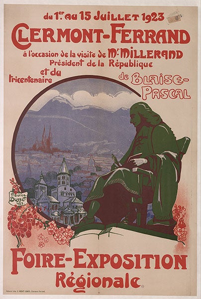 Poster for the Tercentenary celebration of the birth of Blaise Pascal, 1923, showing Clermont-Ferrand, the Puy de Dôme, and the statue of Pascal unveiled in the city in 1880 (Wikimedia commons)