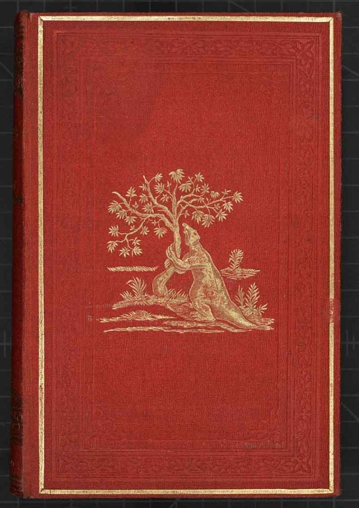 Front cover of the fourth edition of Pre-Adamite Man, by Isabelle Duncan, showing a Megatherium, 1862 (Linda Hall Library)