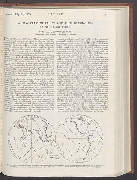 First page of Tuzo Wilson’s paper in which he proposed the existence of transform faults, Nature, 1965 (Linda Hall Library)