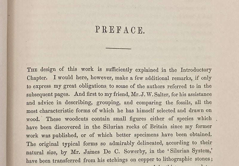 First paragraph of preface by Roderick Murchison, thanking John William Salter for his contributions, Siluria, 1854 (Linda Hall Library)