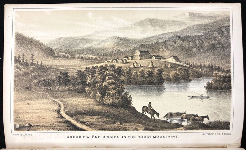 Mission and camp at Coeur d’Alene, Idaho Territory, tinted lithograph by Gustav Sohon, Report on the Construction of a Military Road from Fort Walla-Walla to Fort Benton, by John Mullan, p. 16, 1863 (Linda Hall Library)