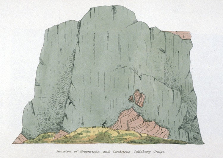 Junction of greenstone and sandstone. Image source: Cunningham, Robert James Hay. Essay on the Geology of the Lothians. Edinburgh: Printed by Neill & Company, 1838, pl. 4.