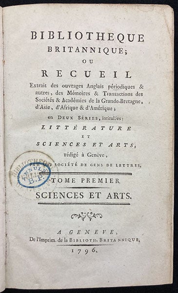 Title page, Bibliothèque Britannique, ed. by Marc-Auguste Picte, vol. 1, 1796 (Linda Hall Library)