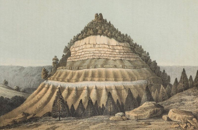 A conical hill 500 feet high, chromolithograph from a sketch by Balduin Möllhausen, Explorations and Surveys for a Railroad Route from the Mississippi River to the Pacific Ocean: Route near the Thirty-Fifth Parallel, by Amiel W. Whipple (Pacific Railroad Report, 3), 1856 (Linda Hall Library)