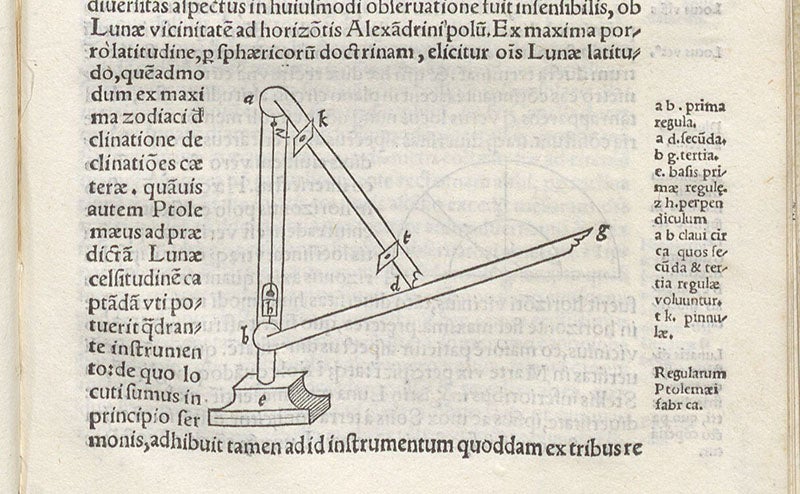 “Ptolemy’s rule,” an astronomical sighting instrument, woodcut in Cosmographia, by Francesco Maurolico, 1543 (Linda Hall Library)