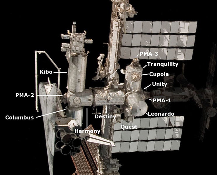 Detail of image above, the U.S. Orbital Segment of the ISS, with Unity at the center; the Russian Orbital Segment, extending off to the right, has been darkened, NASA photo (Wikimedia commons)