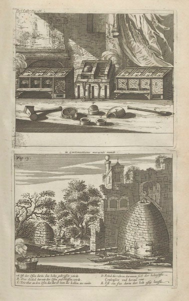 More laboratory furnaces, engraving, Johann Glauber, Works, 1689 (Linda Hall Library)