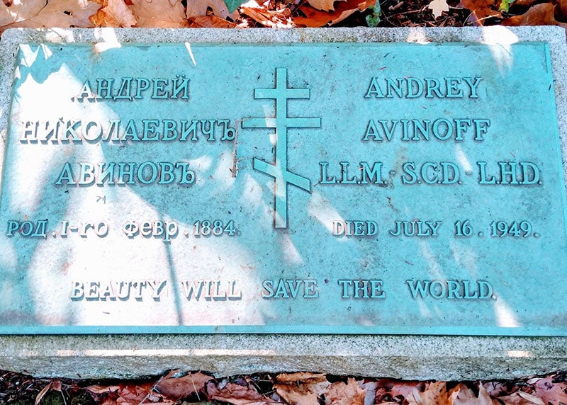 Tombstone of Andrey Avinoff, Locust Valley Cemetery, Nassau County, New York; his epitaph reads: “Beauty will save the world” (findagrave.com)