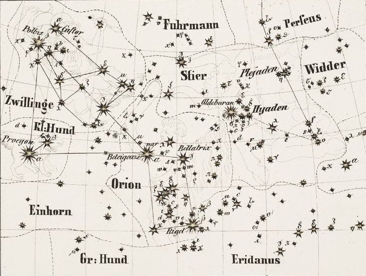 Gemini, Taurus, and Orion. Image source: Möllinger, Otto. Himmels-atlas mit transparenten sternen. Solothurn: s.n., 1851, pl. 10.