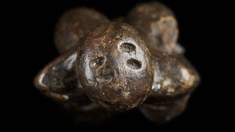 The top of the head of the Venus of Dolní Věstonice, with four holes to hold feathers, flowers, or perhaps a wig (photo by British Museum, donsmaps.com)