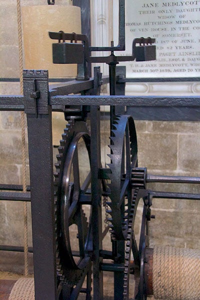 Verge and foliot regulator on the Salisbury clock, recent photograph (Wikimedia commons)