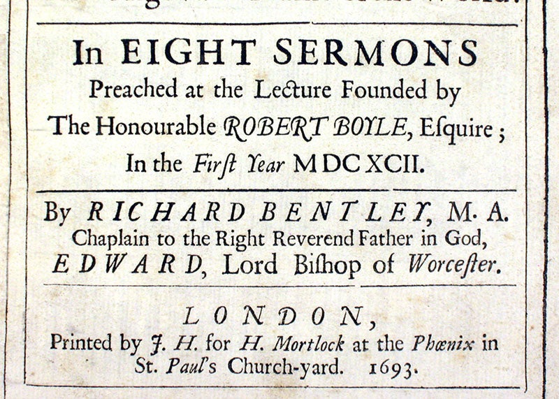 Detail of third image, describing the contents as Boyle Lectures, The Folly and Unreasonableness of Atheism, by Richard Bentley, 1693 (Linda Hall Library)