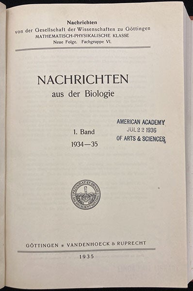 Title page of Nachrichten aus der Biologie, vol. 1, published by the Gesellschaft der Wissenschaften zu Göttingen, which contains the Three-Man Paper by Karl Zimmer et al., 1935 (Linda Hall Library)