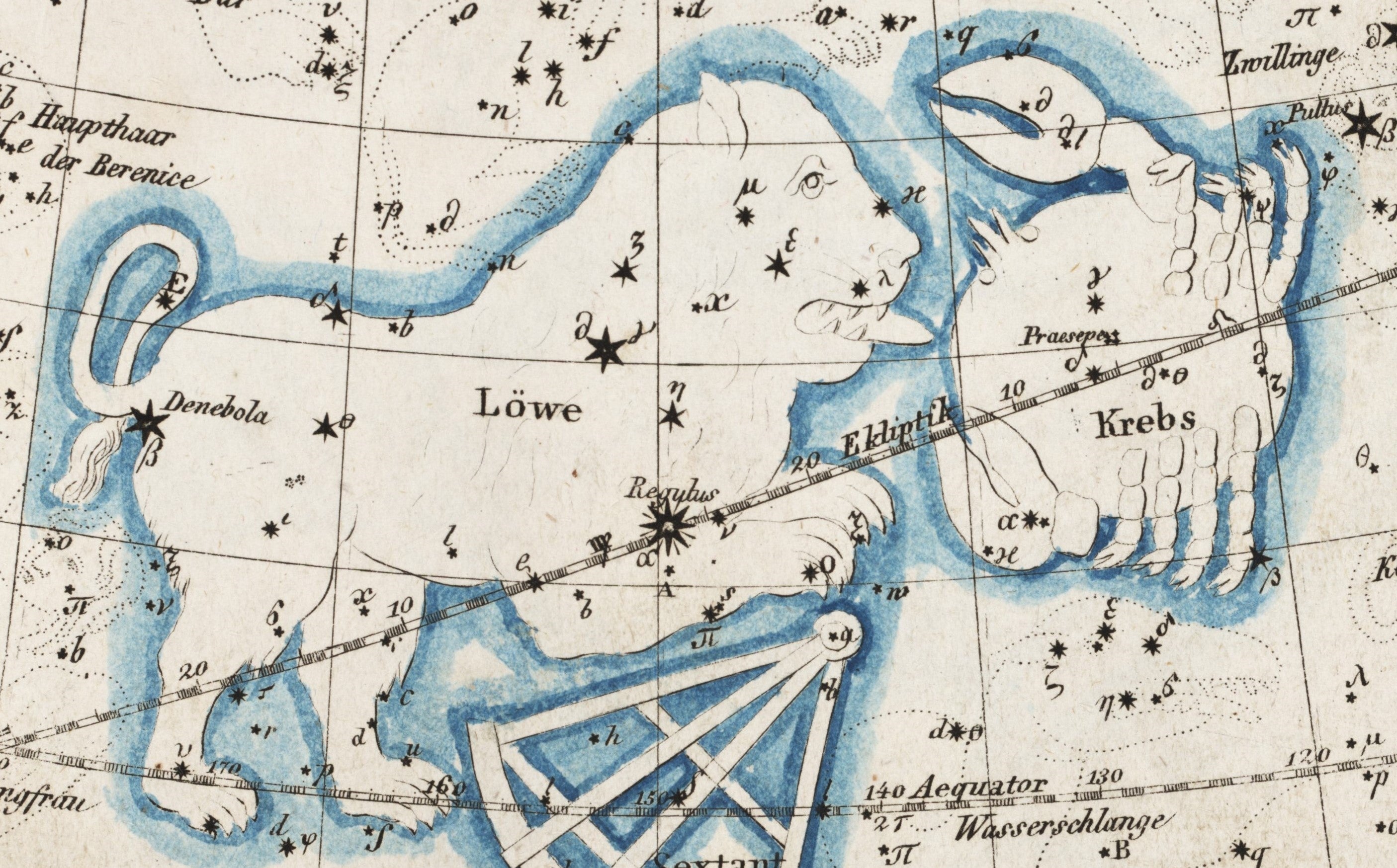 Leo and Cancer. Image source: Riedig, C. G. Himmels-Atlas in 20 Blättern nach den grossen Bodenschen Sternkarten. Leipzig: Schreibers Erben, [1849], pl. 13.
