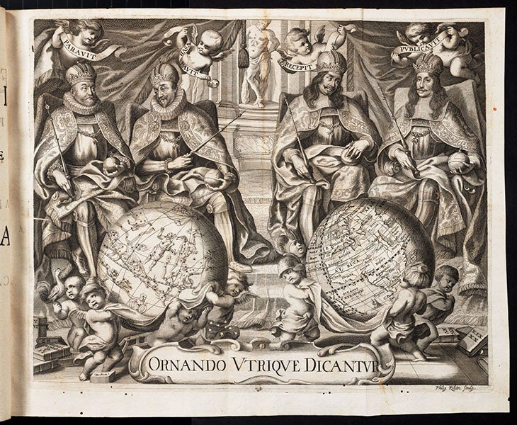 The four Habsburg emperors who patronized Tycho Brahe and the 1666 publication of his works: Rudolf II, Ferdinand II, Ferdinand III, and Leopold I, second frontispiece, engraving, Historia coelestis, by Tycho Brahe, ed. by Albert Curtz, 1666 (Linda Hall Library)