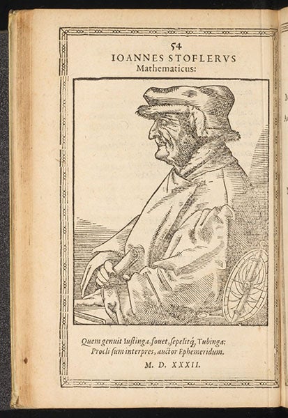 Portrait of Johannes Stöffler, woodcut, in Nikolaus Reusner, <i>Icones</i>, 1590 (Linda Hall Library)