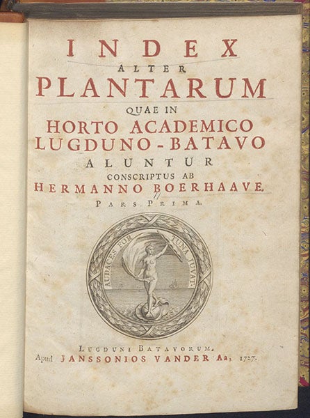 Title page, Index alter plantarum quae in Horto Academico Lugduno-Batavo aluntur, by Herman Boerhaave, 1727 (Linda Hall Library)