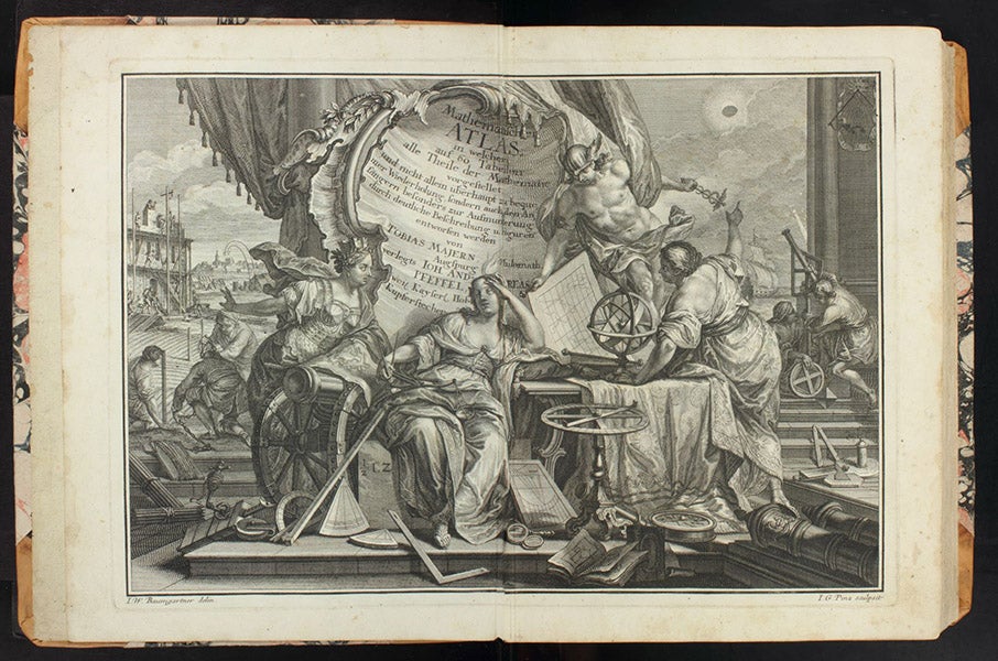 Engraved title page, showing a bemused muse being presented with some of the 60 mathematical subjects discussed in the book, engraving in Mathematischer Atlas, by Tobias Mayer, 1745 (Linda Hall Library)