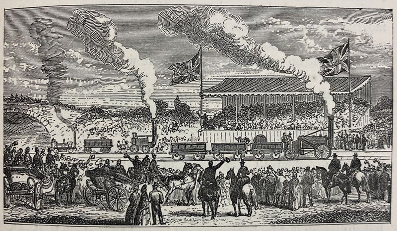 The Rainhill Trials underway on Oct. 7, 1829, a re-imagining, with Novelty at the left on the rear track, wood engraving in Lives of the Engineers, by Samuel Smiles, vol. 5, p. 215, 1877 (Linda Hall Library)