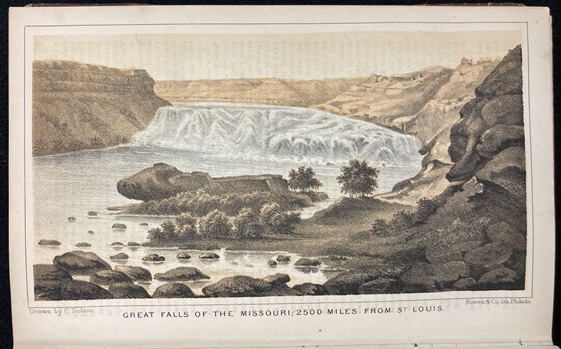 Great Falls on the upper Missouri River, tinted lithograph by Gustav Sohon, Report on the Construction of a Military Road from Fort Walla-Walla to Fort Benton, by John Mullan, p. 54, 1863 (Linda Hall Library)