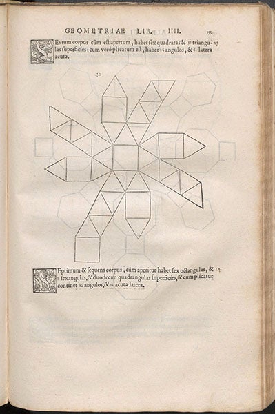 Net for snub cube, an Archimedean solid, Quatuor his suaru[m] Institutionum geometricarum libris (Four Books on Measurement), by Albrecht Dürer, p. 156, 1534 (Linda Hall Library)