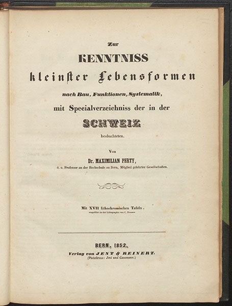 Title page, Zur Kenntniss kleinster Lebensformen, by Maximilian Perty, 1852 (Linda Hall Library)