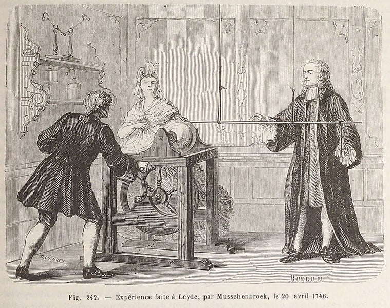 An electrical experimenter, holding a Leyden jar in his left hand and about to touch the prime conductor, wood engraving, from Louis Figuier, <i>Les merveilles de la science</i>, 1867 (Linda Hall Library)