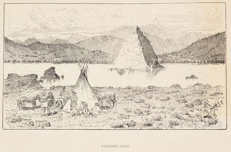 “Pyramid Lake,” photo-engraving of a line drawing, in Memoirs of My Life, by John Charles Fremont, 1887 (Linda Hall Library)