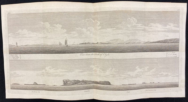 Two views, The Firth of Clyde, and Staffa, folding double-page engraving in A Tour in Scotland, and Voyage to the Hebrides; MDCCLXXII, by Thomas Pennant, vol. 1, pl. 26, p. 260, 1774 (Linda Hall Library)