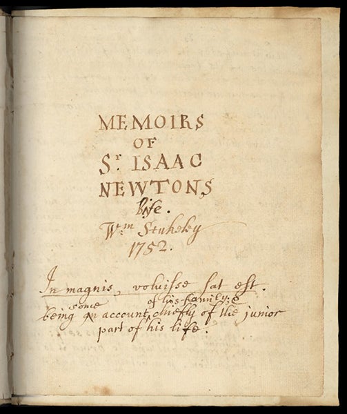 Title page, Memoirs of Sir Isaac Newton’s Life, by William Stukeley, manuscript, 1752, Royal Society of London archives (royalsociety.org)
