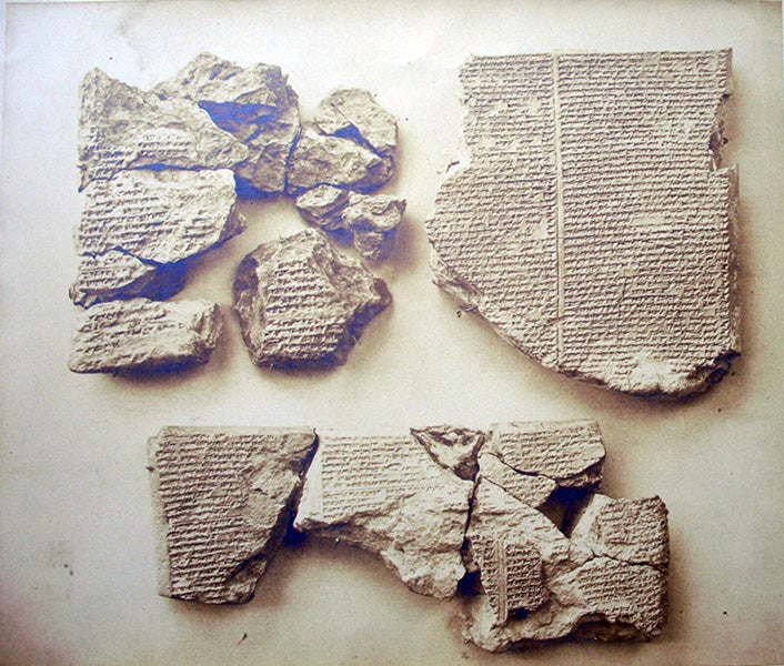 Fragments of the Epic of Gilgamesh identified and studied by George Smith, with a piece of the Flood Tablet, tablet 11, at upper right; photograph by Stephen Thompson, Chaldaean Account of the Deluge from Terra Cotta Tablets Found at Nineveh, and Now in the British Museum, 1872, Graphic Arts Collection, Princeton (www.princeton.edu)