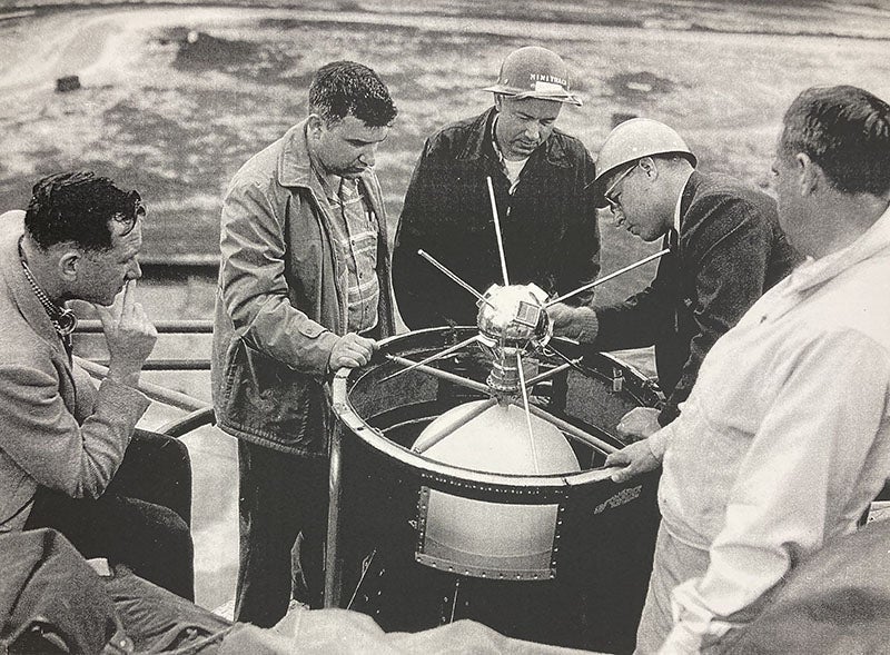 Vanguard 1 being installed on the tip of TV-4, Cape Canaveral, with Roger Easton Sr., second from left, undated photograph in Vanguard I: Proposal, Installation, Launch and Selected Results: Launched March 17, 1958, by Roger Easton and Martin Votaw, Nov. 2006 (Linda Hall Library)