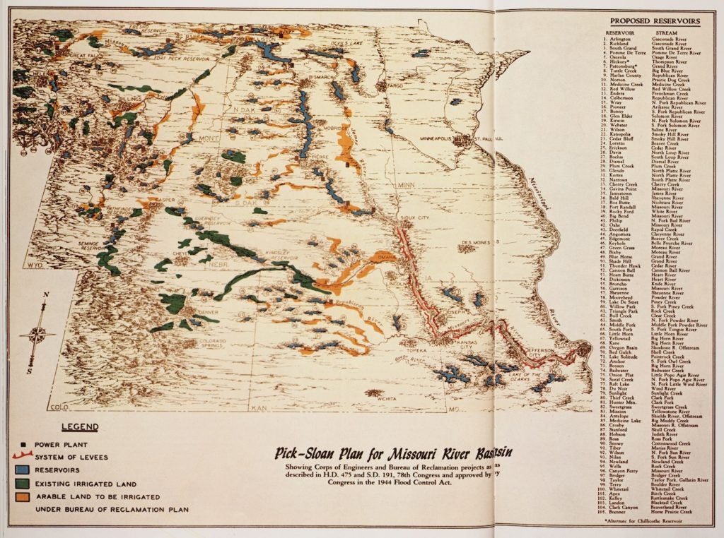 A 1947 U.S. Army Corps of Engineers map of Pick-Sloan projects. Image source: The Federal Engineer, Damsites to Missile Sites: History of the Omaha District, U.S. Army Corps of Engineers. United States Army Corps of Engineers, Omaha District, 1985, p. 72-3. View Source