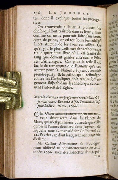 Article on Mars by Giovanni Domenico Cassini (not yet an Academie member and still in Bologna), Le Journal de sçavans, 1666, p. 316 (Linda Hall Library)