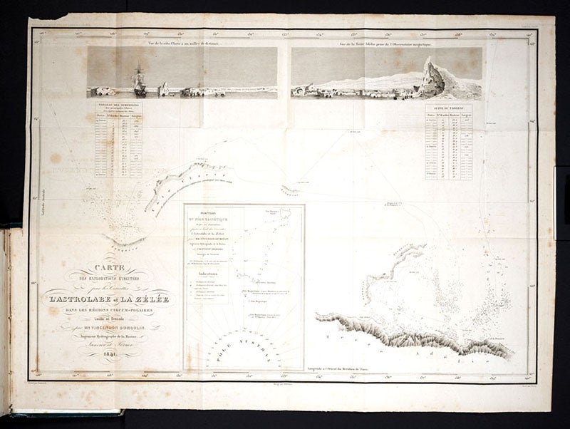 Map of the coast of Antarctica, visited by the Astrolabe and  Zélée in 1840, engraving in Voyage au pole sud et dans l'Océanie sur les corvettes l'Astrolabe et la Zélée, by Jules-Sébastien-César Dumont d'Urville, vol. 7-8, 1842-54 (Linda Hall Library)
