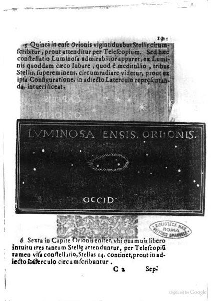 Three stars in the trapezium of the Orion nebula, woodcut in Giovanni Battista Hodierna, Deque admirandis coeli characteribus, 1654 (University of Rome on openmlol.it)