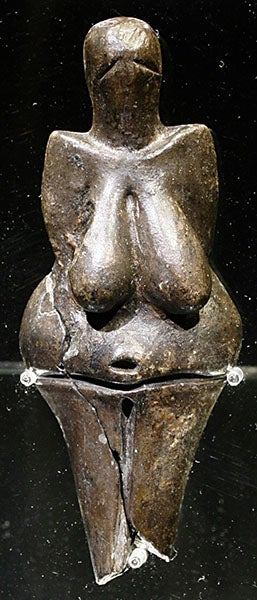 Front view of the Venus of Dolní Věstonice, discovered by Karel Absolon in 1925 in Dolní Věstonice,  south of Brno, Moravia (now the Czech Republic) (photo by Petr Novák, donsmaps.com)