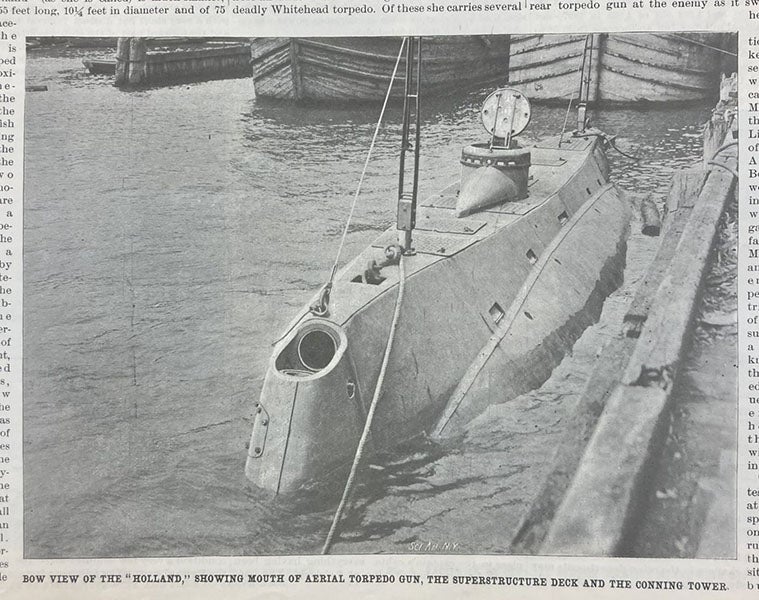 Bow of the Holland VI, showing the aerial torpedo tube and conning tower, Scientific American, Apr. 9, 1898, vol. 78, p. 233 (Linda Hall Library)