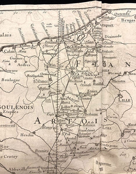 Detail of map in second image, showing triangulations around Dunkirk, De la grandeur et de la figure de la terre, by Jacques Cassini, 1720 (Linda Hall Library)