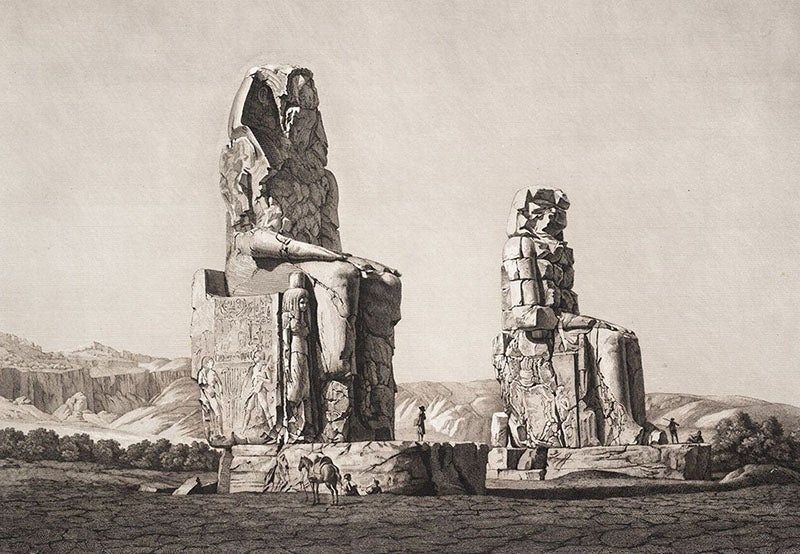The Colossi of Memnon, detail of engraving by Andre Dutertre, Description de l’Égypte, Antiquités, vol. 2, plate 20, 1809-28 (Linda Hall Library)