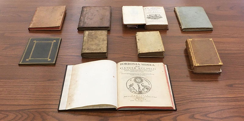 Nine books from the Macclesfield Library, now in the Linda Hall Library (Linda Hall Library)