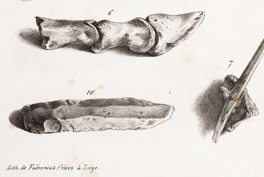 Detail of a flaked stone tool (10) and animal bones (6-7). Image source: Schmerling, Philippe Charles. Recherches sur les ossemens fossiles. Atlas 2. Liége: Chez P.-J. Collardin, 1833, pl. 36.