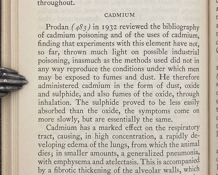 Beginning of section on the toxic effects of cadmium, Industrial Toxicology, by Alice Hamilton, 2nd ed., p. 104, ca 1934 (Linda Hall Library)