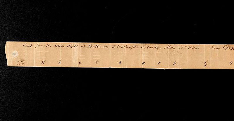 : A section of the original paper tape recording the telegraph message of May 24, 1844, “What hath God wrought?”, now in the National Museum of American History, Washington, D.C. (americanhistory.si.edu)